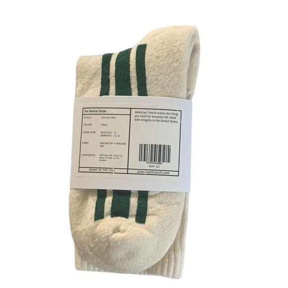 American Trench Green Vertical Nostalgic Stripe Crew Socks Unisex - Picture 2 of 3